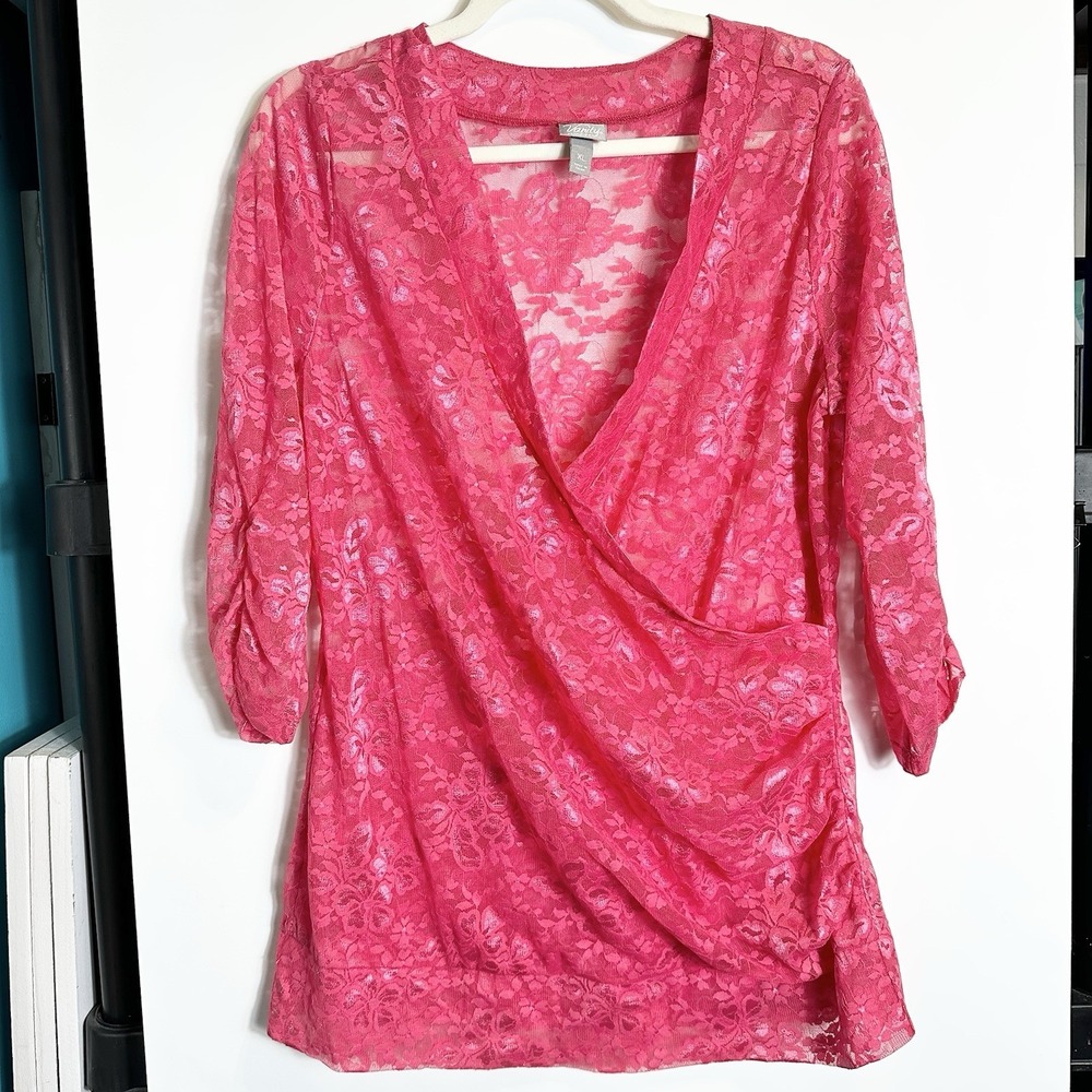 Vanity Womens Sz‎ XL Hot Pink Sheer Lace Faux Wrap Blouse 3/4 Sleeve Excellent